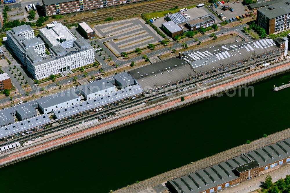 Aerial image Bremen - Pleasure boat marina with docks and moorings on the shore area of the Weser river in Bremen, Germany