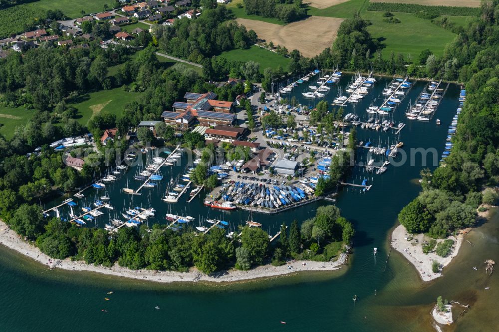 Langenargen from above - Marina with sports boat moorings and boat moorings on the shore area of a??a??Lake Constance BMK Yachthafen Langenargen in Langenargen on Lake Constance in the state Baden-Wuerttemberg, Germany