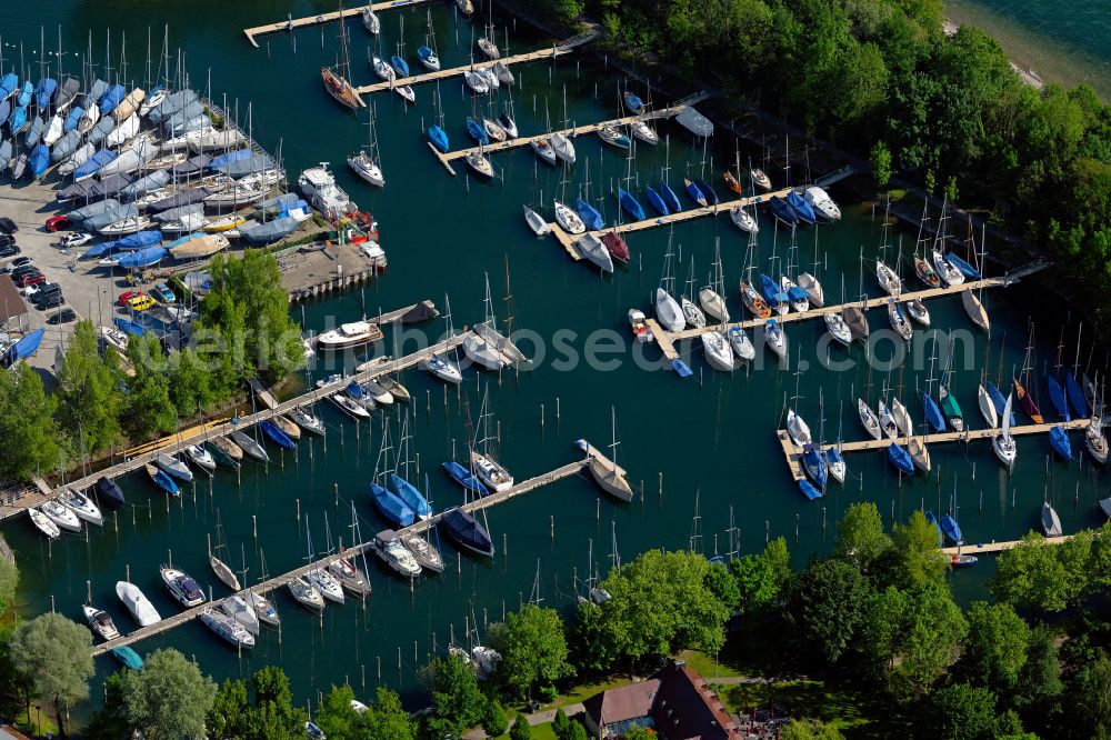 Langenargen from above - Pleasure boat marina with docks and moorings on the shore area of Bodensee BMK Yachthafen Langenargen in Langenargen at Bodensee in the state Baden-Wuerttemberg, Germany