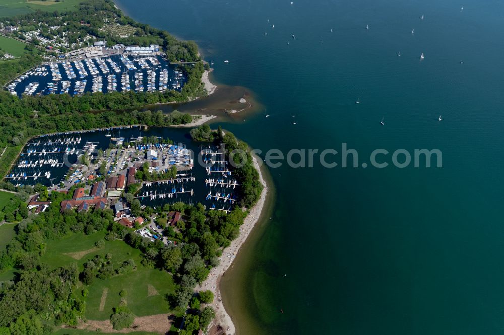 Langenargen from above - Pleasure boat marina with docks and moorings on the shore area of Bodensee BMK Yachthafen Langenargen in Langenargen at Bodensee in the state Baden-Wuerttemberg, Germany