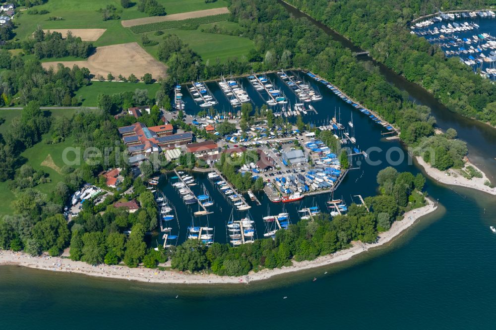 Langenargen from the bird's eye view: Pleasure boat marina with docks and moorings on the shore area of Bodensee BMK Yachthafen Langenargen in Langenargen at Bodensee in the state Baden-Wuerttemberg, Germany