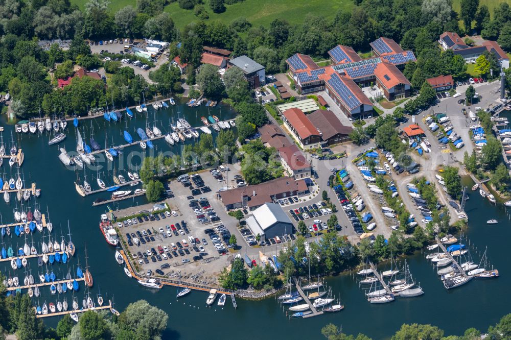 Langenargen from above - Marina with sports boat moorings and boat moorings on the shore area of a??a??Lake Constance BMK Yachthafen Langenargen in Langenargen on Lake Constance in the state Baden-Wuerttemberg, Germany