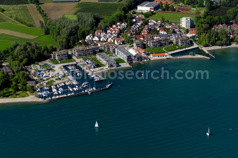 Kressbronn am Bodensee from above - Pleasure boat marina with docks and moorings on the shore area of Lake of Constance in Kressbronn am Bodensee at Bodensee in the state Baden-Wuerttemberg, Germany