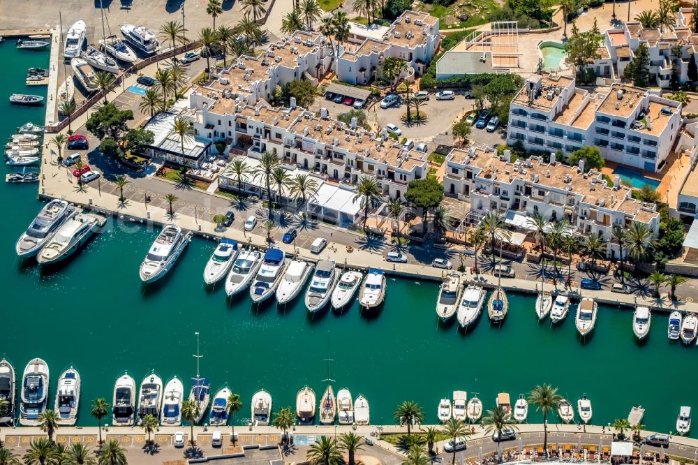 Santanyi from above - Pleasure boat marina with docks and moorings on the shore area of the bay Cala Llonga in Santanyi in Balearic island of Mallorca, Spain