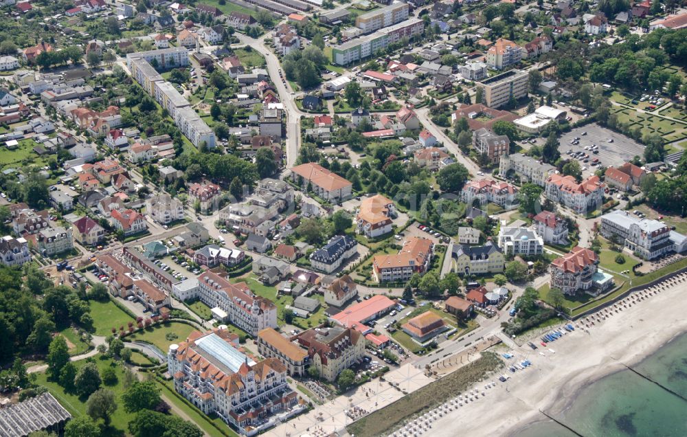 Aerial image Ostseebad Kühlungsborn - Pleasure boat marina with docks and moorings on the shore area of Baltic Sea on street Hafenstrasse in Ostseebad Kuehlungsborn Hafenstrasse in the state Mecklenburg - Western Pomerania, Germany