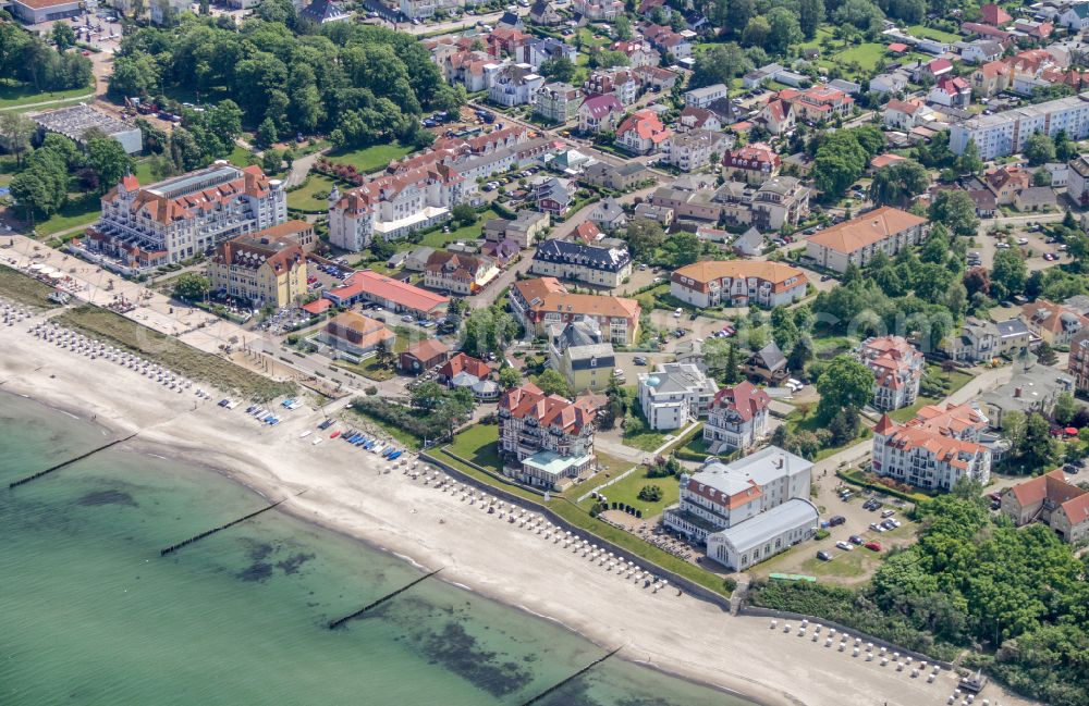 Ostseebad Kühlungsborn from above - Pleasure boat marina with docks and moorings on the shore area of Baltic Sea on street Hafenstrasse in Ostseebad Kuehlungsborn Hafenstrasse in the state Mecklenburg - Western Pomerania, Germany