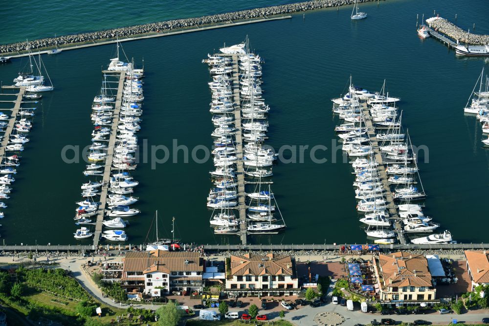 Aerial image Ostseebad Kühlungsborn - Pleasure boat marina with docks and moorings on the shore area of Baltic Sea on street Hafenstrasse in Ostseebad Kuehlungsborn Hafenstrasse in the state Mecklenburg - Western Pomerania, Germany