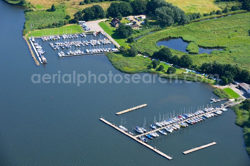 Aerial image Fleckeby - Pleasure boat marina with docks and moorings on the shore area of Schlei in Fleckeby in the state Schleswig-Holstein, Germany