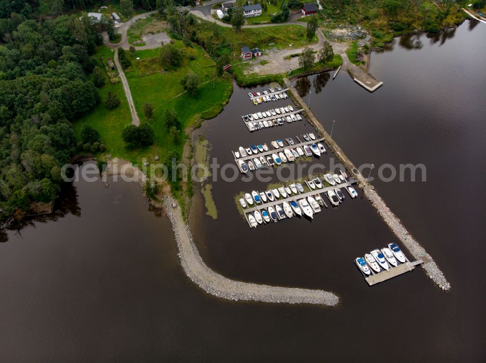 Aerial image Flateby - Pleasure boat marina with docks and moorings on the shore area of Sees Oeyeren in Flateby in Viken, Norway