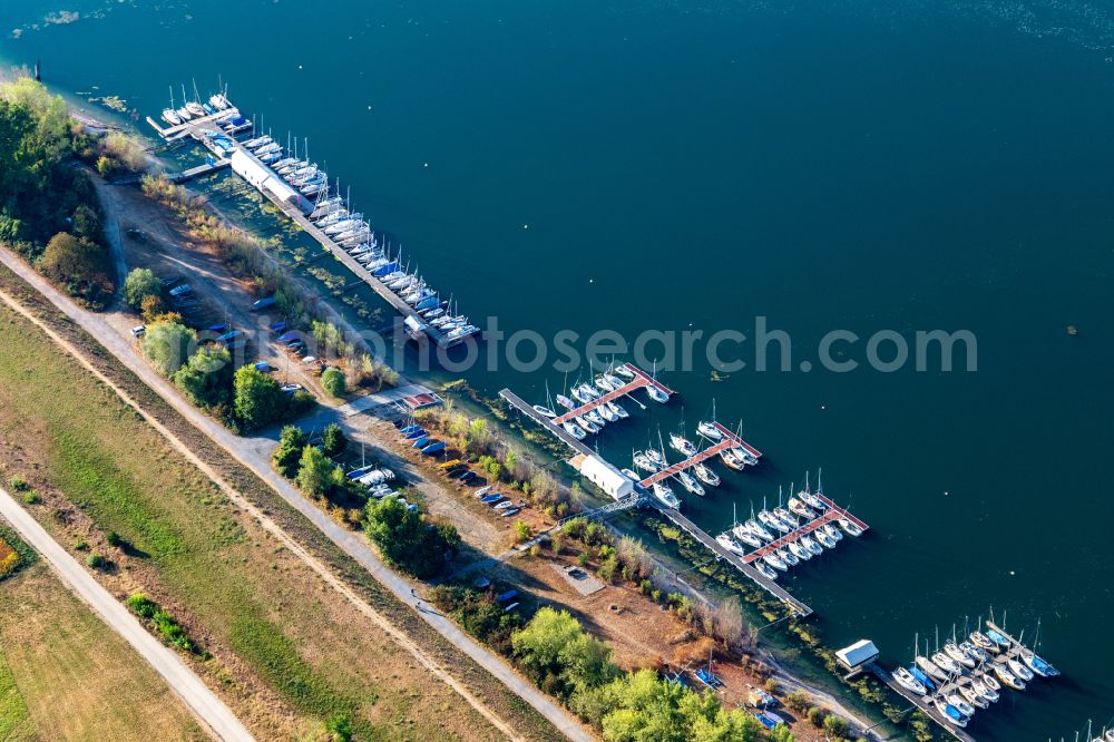 Aerial image Brühl - Pleasure boat marina with docks and moorings on the shore area of the lake Kollersee in Bruehl in the state Baden-Wuerttemberg, Germany