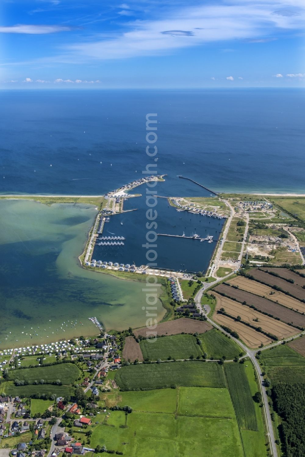 Kappeln from above - Pleasure boat marina with docks and moorings on the shore area Ostsee in Kappeln in the state Schleswig-Holstein, Germany