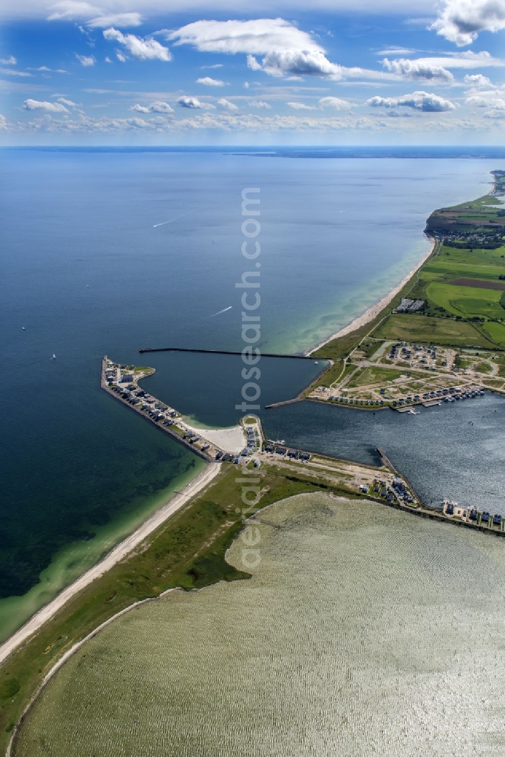 Kappeln from above - Pleasure boat marina with docks and moorings on the shore area Ostsee in Kappeln in the state Schleswig-Holstein, Germany