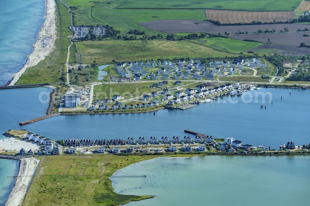 Kappeln from above - Pleasure boat marina with docks and moorings on the shore area Ostsee in Kappeln in the state Schleswig-Holstein, Germany