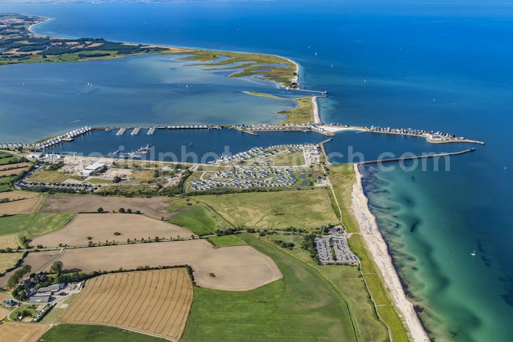 Kappeln from above - Pleasure boat marina with docks and moorings on the shore area Ostsee in Kappeln in the state Schleswig-Holstein, Germany