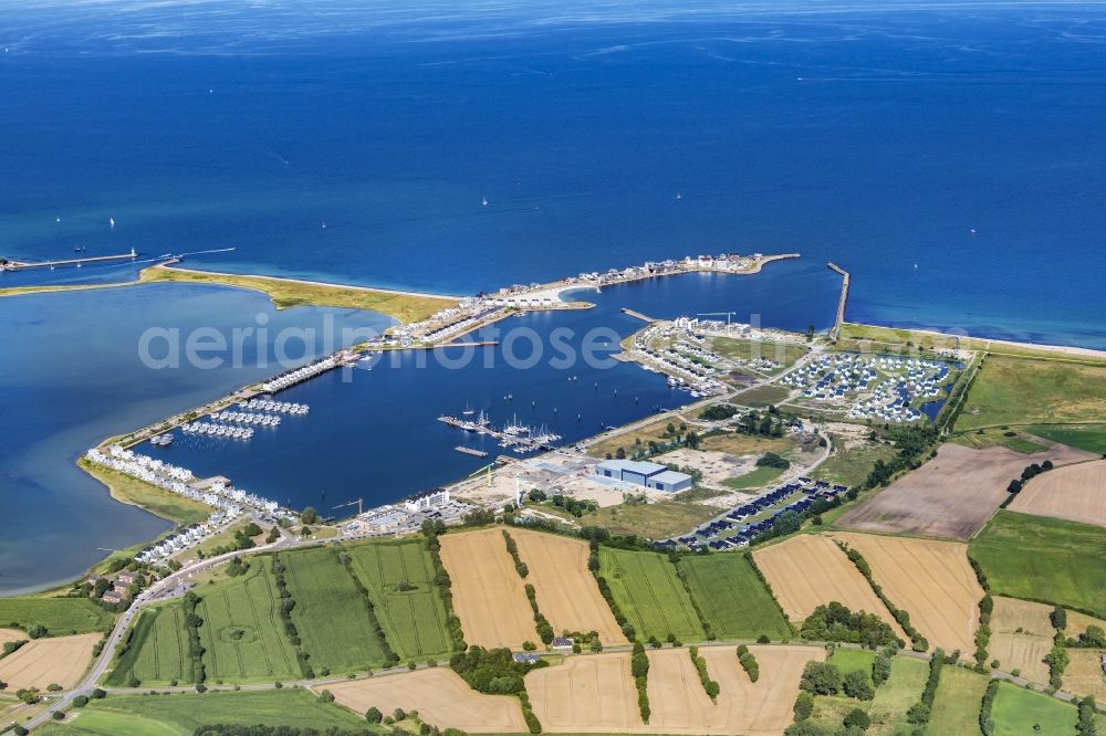 Kappeln from above - Pleasure boat marina with docks and moorings on the shore area Ostsee in Kappeln in the state Schleswig-Holstein, Germany