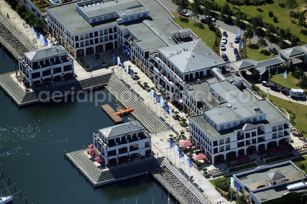 Rostock from above - Pleasure boat marina with docks and moorings on the shore area of baltic see in Rostock in the state Mecklenburg - Western Pomerania