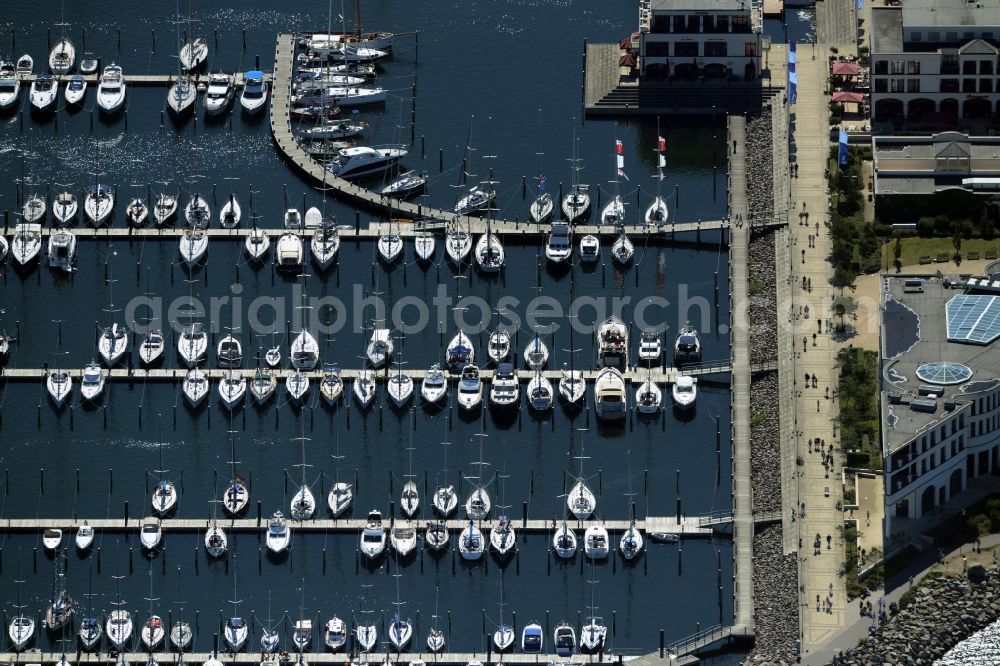 Rostock from above - Pleasure boat marina with docks and moorings on the shore area of baltic see in Rostock in the state Mecklenburg - Western Pomerania