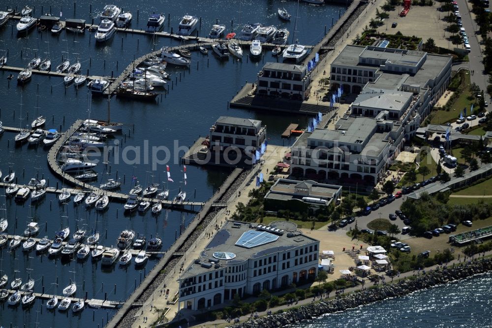 Rostock from above - Pleasure boat marina with docks and moorings on the shore area of baltic see in Rostock in the state Mecklenburg - Western Pomerania