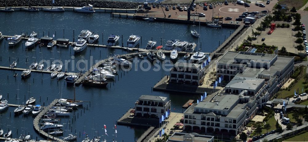 Rostock from the bird's eye view: Pleasure boat marina with docks and moorings on the shore area of baltic see in Rostock in the state Mecklenburg - Western Pomerania