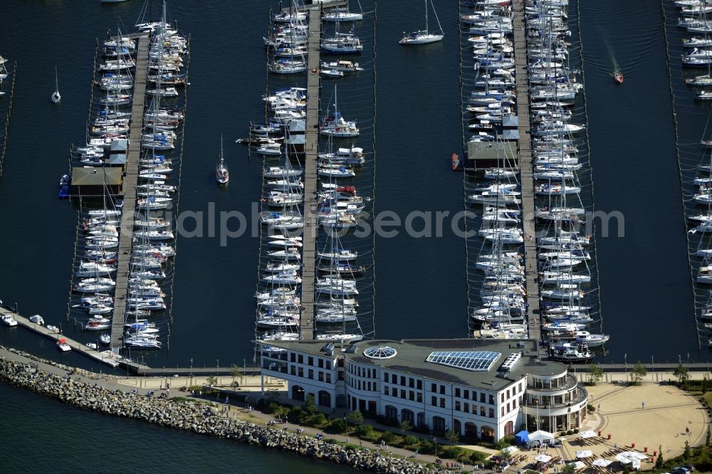 Rostock from above - Pleasure boat marina with docks and moorings on the shore area of baltic see in Rostock in the state Mecklenburg - Western Pomerania