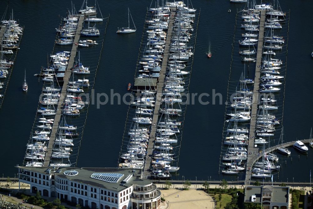 Aerial image Rostock - Pleasure boat marina with docks and moorings on the shore area of baltic see in Rostock in the state Mecklenburg - Western Pomerania