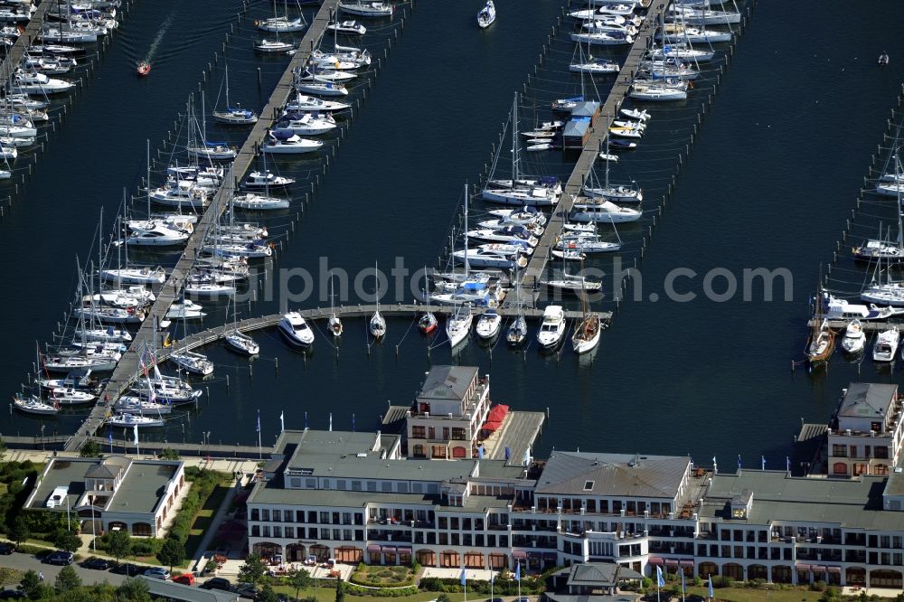 Rostock from above - Pleasure boat marina with docks and moorings on the shore area of baltic see in Rostock in the state Mecklenburg - Western Pomerania