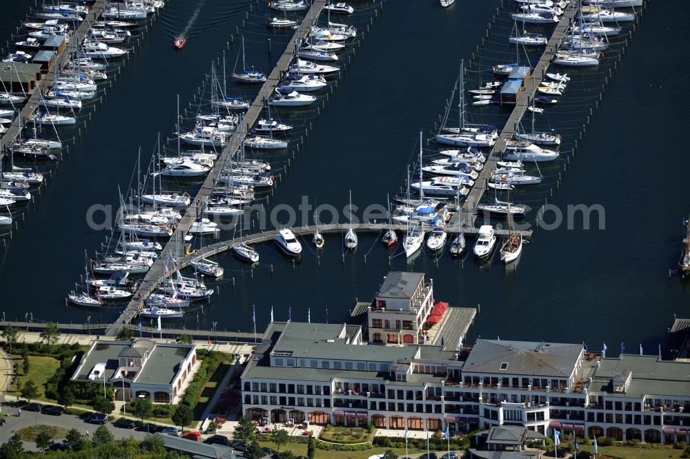 Rostock from the bird's eye view: Pleasure boat marina with docks and moorings on the shore area of baltic see in Rostock in the state Mecklenburg - Western Pomerania