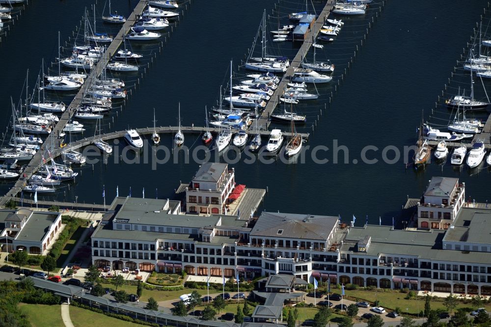 Aerial image Rostock - Pleasure boat marina with docks and moorings on the shore area of baltic see in Rostock in the state Mecklenburg - Western Pomerania