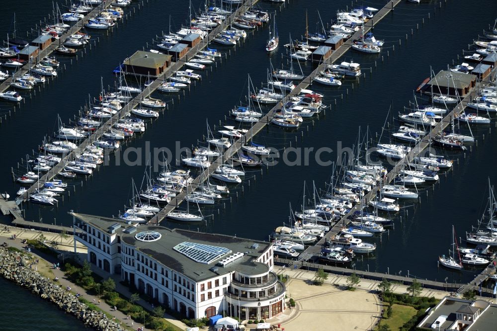 Rostock from above - Pleasure boat marina with docks and moorings on the shore area of baltic see in Rostock in the state Mecklenburg - Western Pomerania