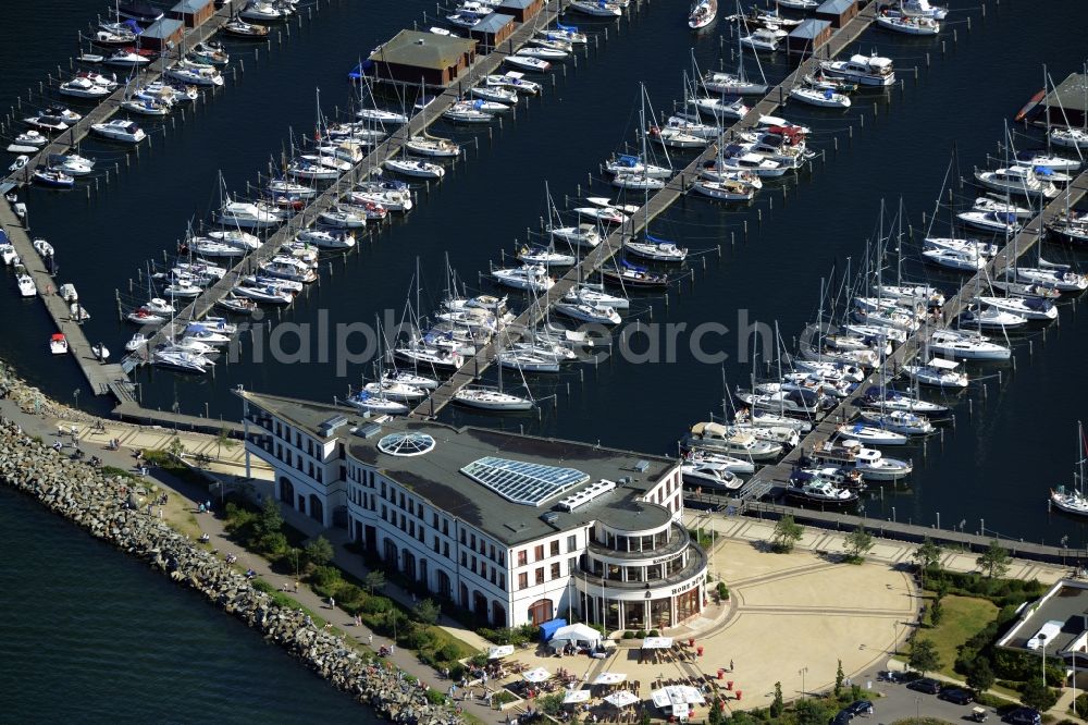 Rostock from above - Pleasure boat marina with docks and moorings on the shore area of baltic see in Rostock in the state Mecklenburg - Western Pomerania