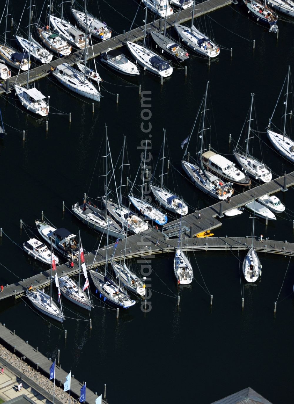 Aerial image Rostock - Pleasure boat marina with docks and moorings on the shore area of baltic see in Rostock in the state Mecklenburg - Western Pomerania