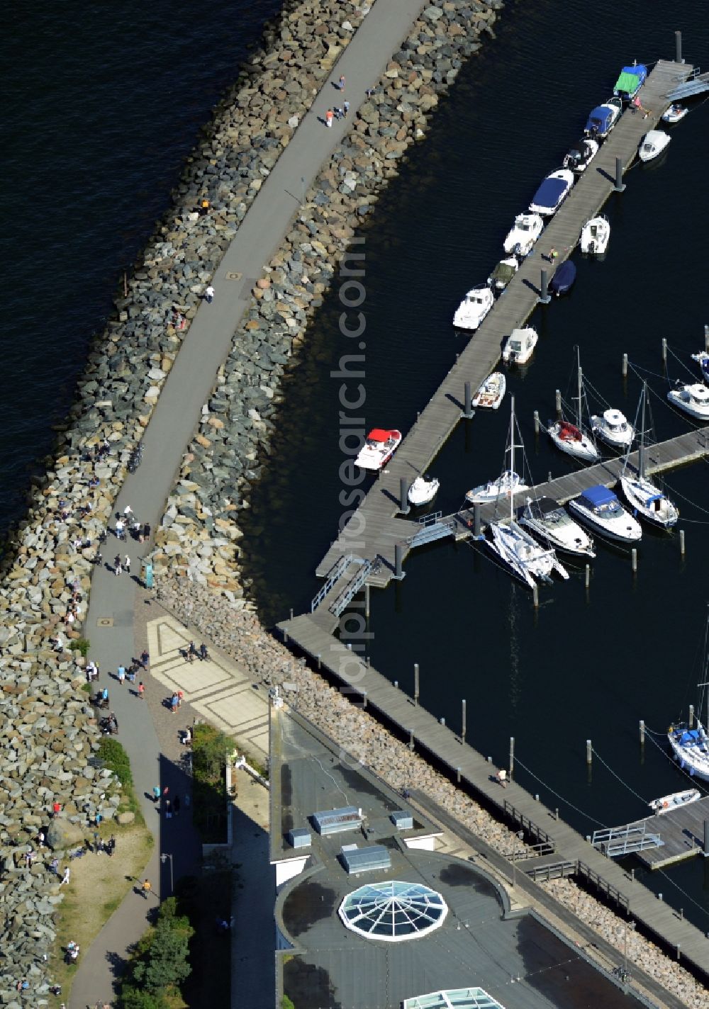 Rostock from above - Pleasure boat marina with docks and moorings on the shore area of baltic see in Rostock in the state Mecklenburg - Western Pomerania