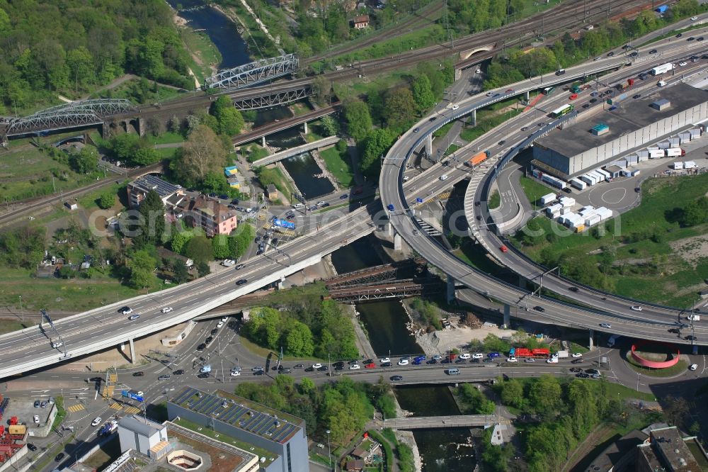 Basel from above - Numerous bridges span the river Wiese in Basel in Switzerland shortly before its confluence with the Rhine