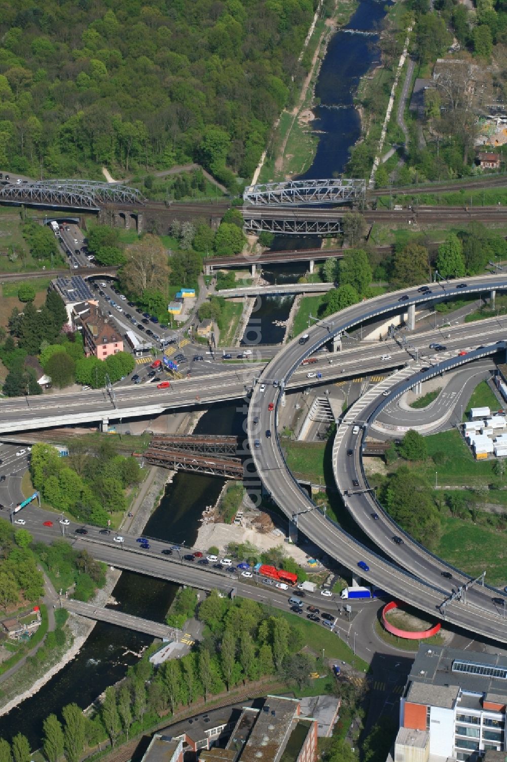 Aerial image Basel - Numerous bridges span the river Wiese in Basel in Switzerland shortly before its confluence with the Rhine