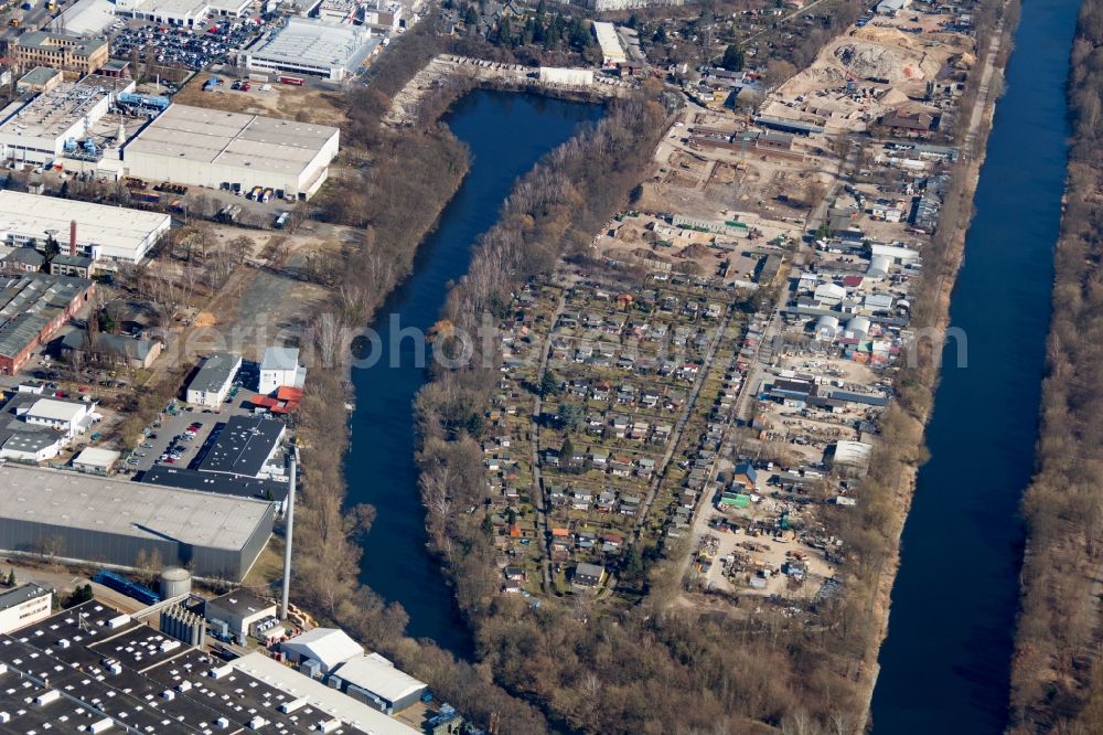 Berlin from above - The Zehlendorf stitch channel in Berlin, Germany, is a northern branch of the Teltow Canal at Lichterfelde locality with a length of one kilometer. It is a remnant of the ancient Lake of Teltow and was created in its present form at the same time with the construction of the Teltow Canal at the beginning of the 20th century