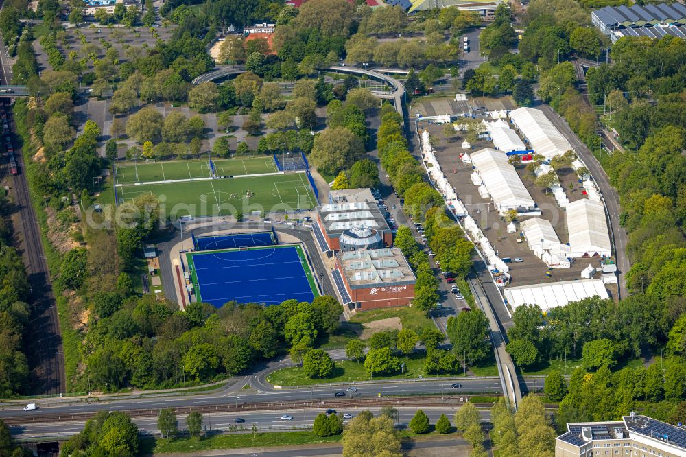 Dortmund from the bird's eye view: Tent construction and assembly Festi Ramazan on street Remydamm in Dortmund at Ruhrgebiet in the state North Rhine-Westphalia, Germany