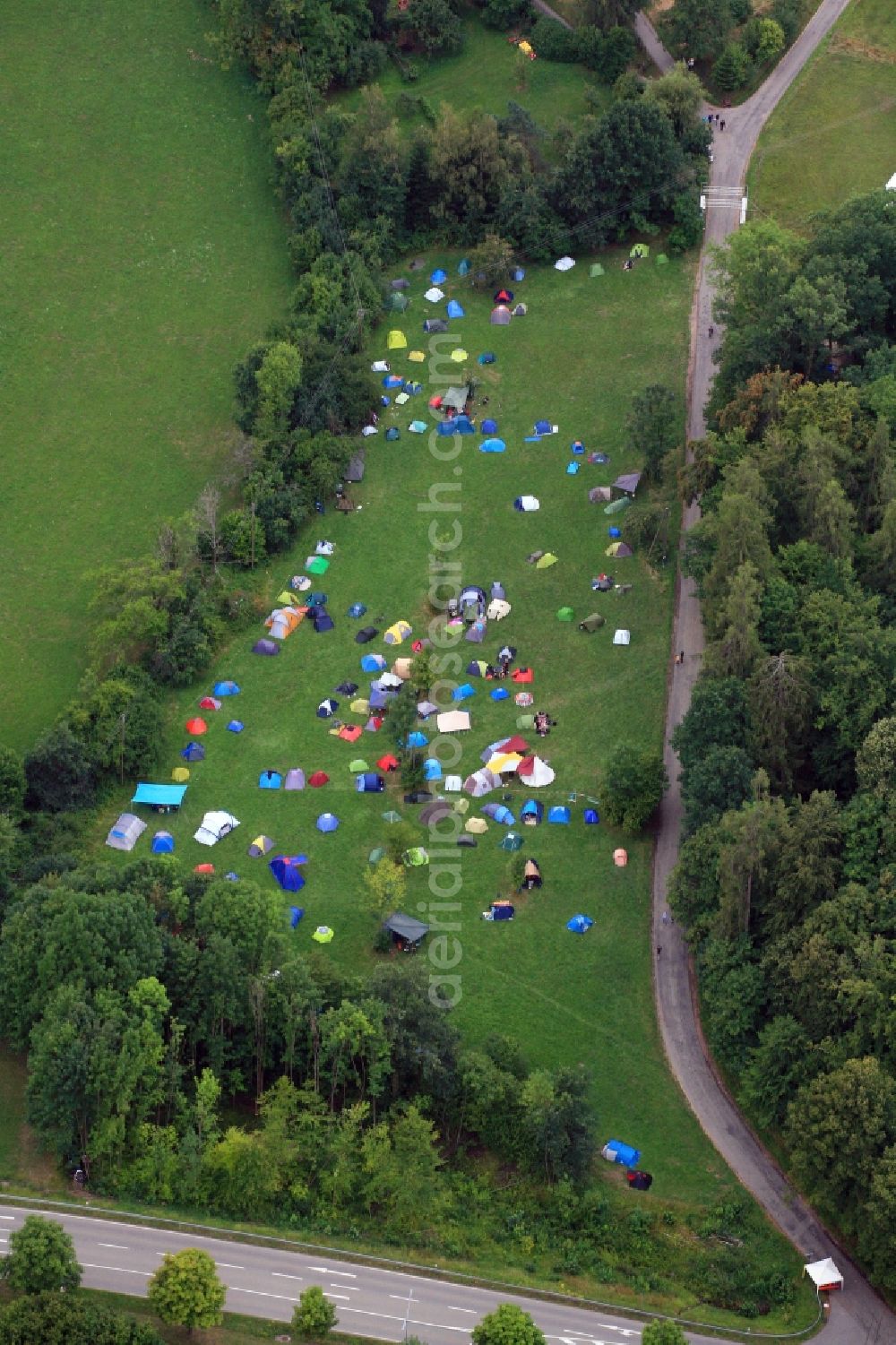 Schopfheim from above - Tents and camping ground at the music- and culture festival Holzrock in Schopfheim in the state Baden-Wurttemberg, Germany