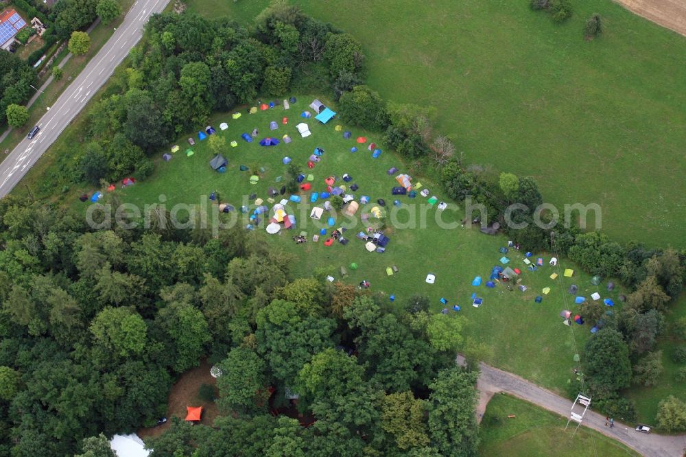 Schopfheim from the bird's eye view: Tents and camping ground at the music- and culture festival Holzrock in Schopfheim in the state Baden-Wurttemberg, Germany