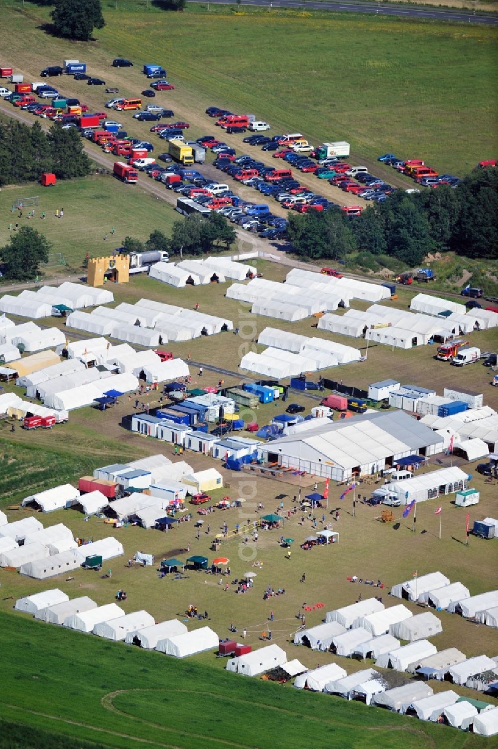 Garlstorf from above - View of the youth fire brigade camp in the district of Harburg in Garlstorf in Lower Saxony. The tent camp was attended by 86 youth fire brigades from the district of Harburg