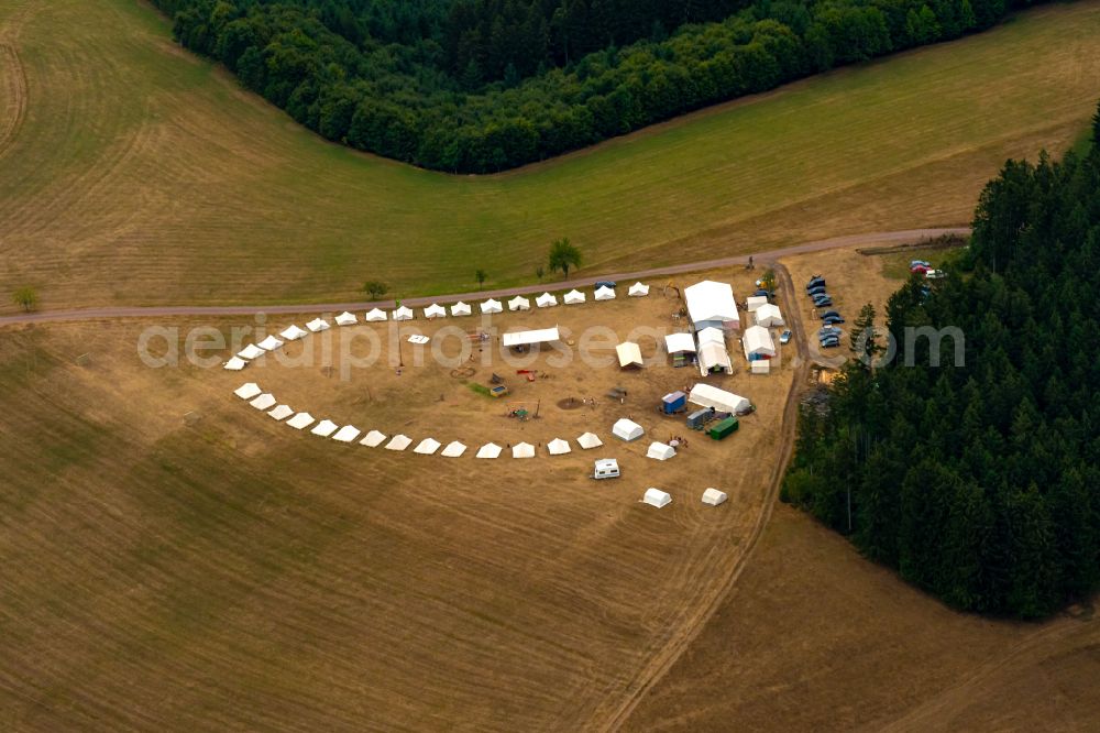 Aerial image Katzenmoos - Formation of pitched tents on a campsite on street Moserberg in Katzenmoos in the state Baden-Wuerttemberg, Germany