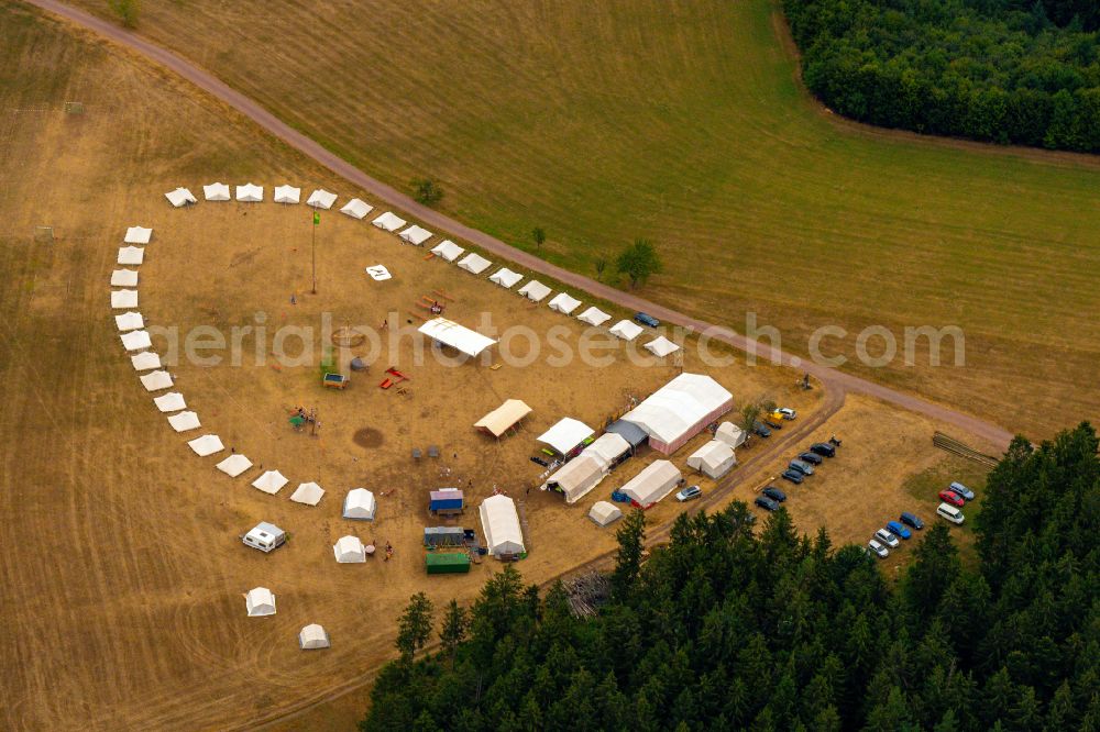 Katzenmoos from above - Formation of pitched tents on a campsite on street Moserberg in Katzenmoos in the state Baden-Wuerttemberg, Germany