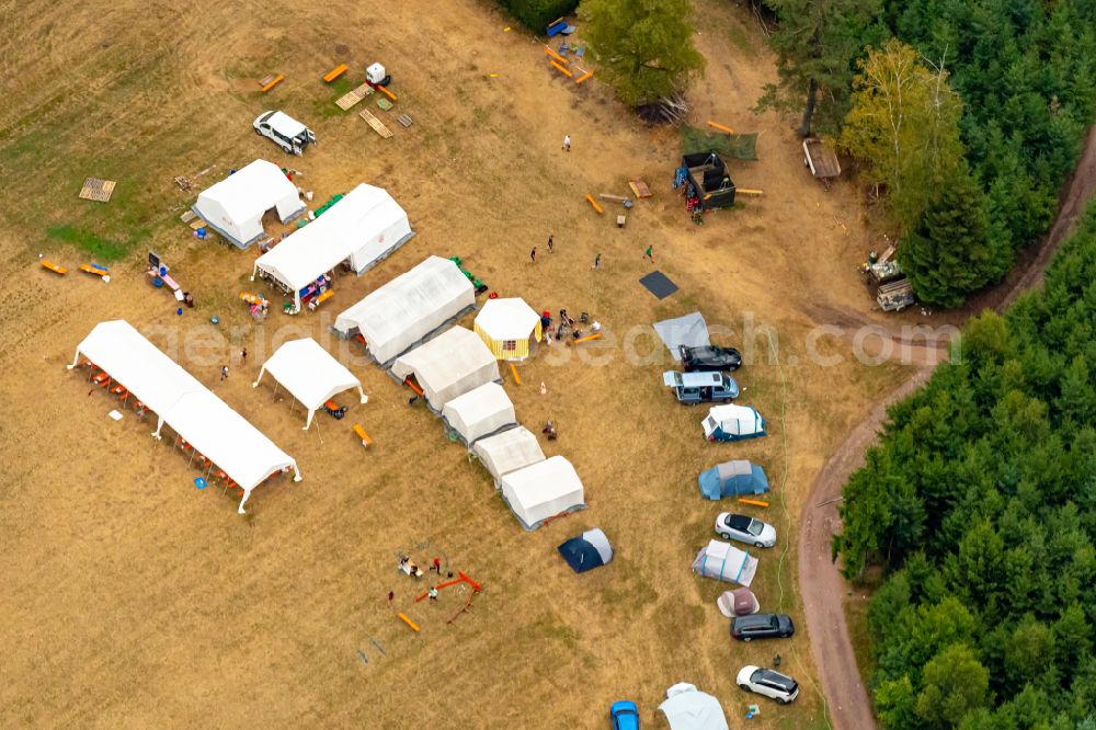 Aerial photograph Biederbach - Formation of pitched tents on a campsitein a forest clearing in Biederbach in the state Baden-Wuerttemberg, Germany