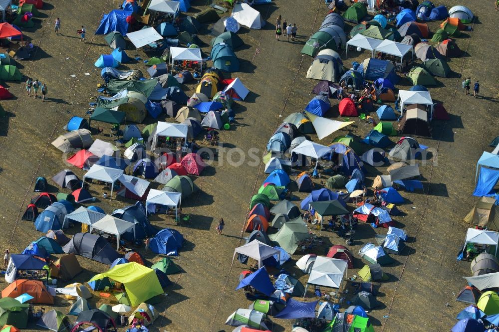 Aerial image Gräfenhainichen - View of campground landscape for visitors to the Melt! Festival in Eisenstadt Ferropolis in Graefenhainichen in the state of Saxony-Anhalt. The Melt is a music festival with electronic music and Rock Sound. Since 1999 the festival at Graefenhainichen takes place in the City of Steel Ferropolis