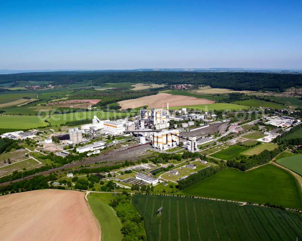 Aerial photograph Deuna - Site and Terrain of overburden surfaces Cement opencast mining on street Industriestrasse in Deuna in the state Thuringia, Germany