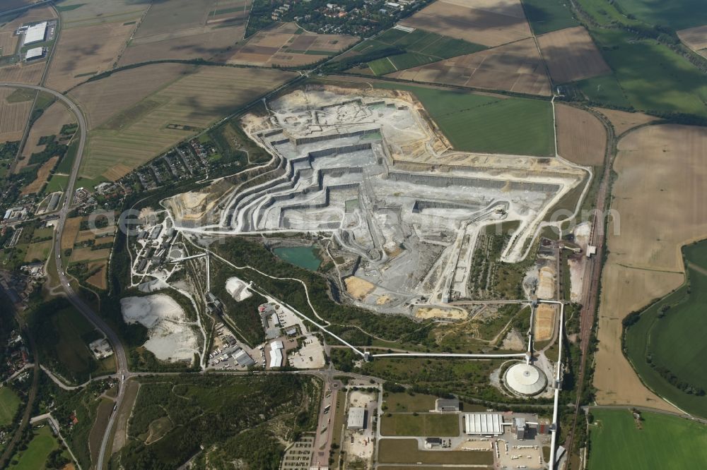 Aerial image Bernburg (Saale) - Site and Terrain of overburden surfaces Cement opencast mining Schwenk in Bernburg (Saale) in the state Saxony-Anhalt, Germany