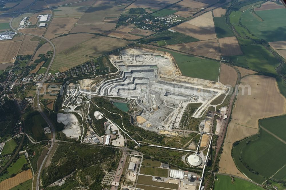 Aerial photograph Bernburg (Saale) - Site and Terrain of overburden surfaces Cement opencast mining Schwenk in Bernburg (Saale) in the state Saxony-Anhalt, Germany