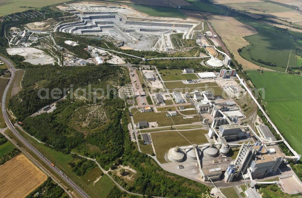 Aerial image Bernburg (Saale) - Site and Terrain of overburden surfaces Cement opencast mining Schwenk in Bernburg (Saale) in the state Saxony-Anhalt, Germany