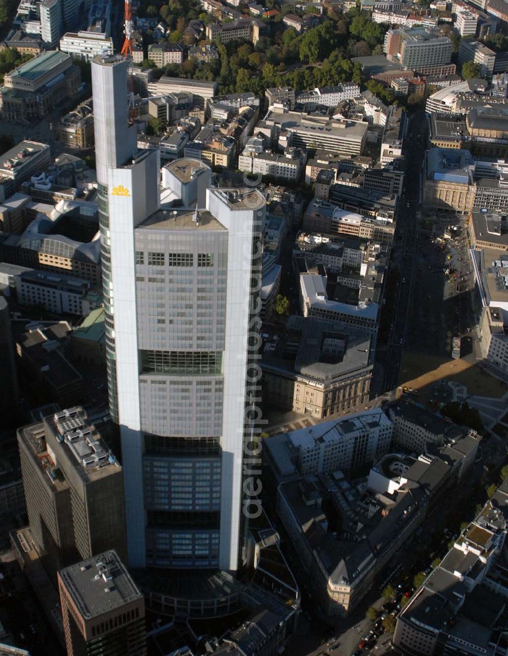 Aerial image Frankfurt am Main - Blick auf die Zentrale der COMMERZBANK AG in 60261 Frankfurt - Telefon: +49 - 69 - 13620 - Telefax: +49 - 69 - 285389