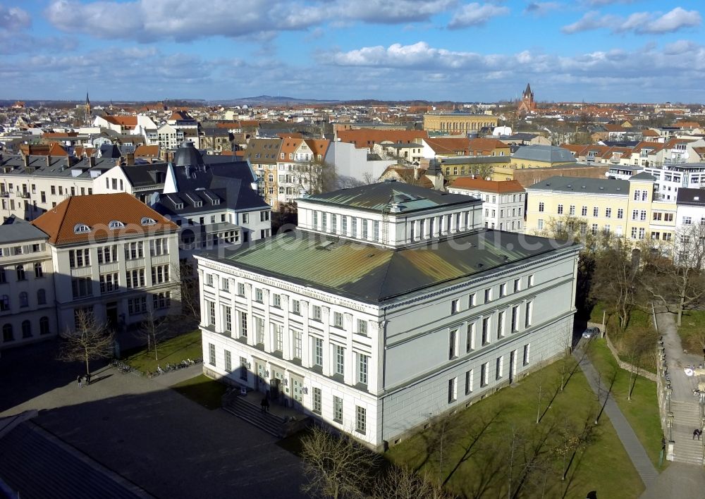 Aerial image Halle - The Central Art Collection at the University Square in Halle-Saale, Saxony-Anhalt, is the central institution of the Martin-Luther-University Halle-Wittenberg. In the two and a half storey neoclassical building, which was built to designs by Zwirner and Matthias, there is, among others, the permanent exhibition - Art Treasures of the universities of Wittenberg and Halle - in the University Museum