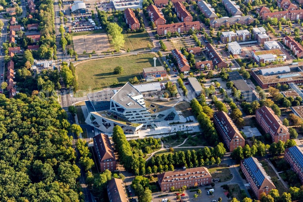 Lüneburg from above - Campus University- area Zentralgebaeude Leuphana Universitaet Lueneburg of vom architect Libeskind in Lueneburg in the state Lower Saxony, Germany